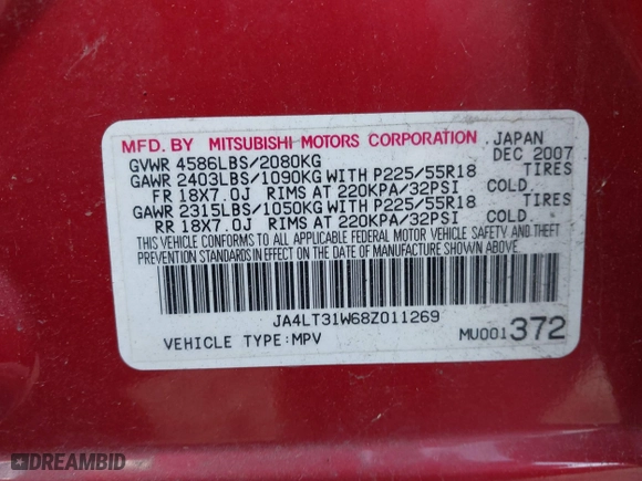 2008 Mitsubishi Outlander SE with VIN JA4LT31W68Z011269, listed as a IAAI auction lot 41321772 with 1 mi miles. Bid and sale history available at carsss.com. Image 9.
