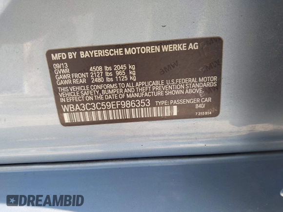 2014 BMW 3 Series 320i xDrive with VIN WBA3C3C59EF986353, listed as a IAAI auction lot 42383107 with 142,836 mi miles and . Bid and sale history available at DreamBid. Image 9.