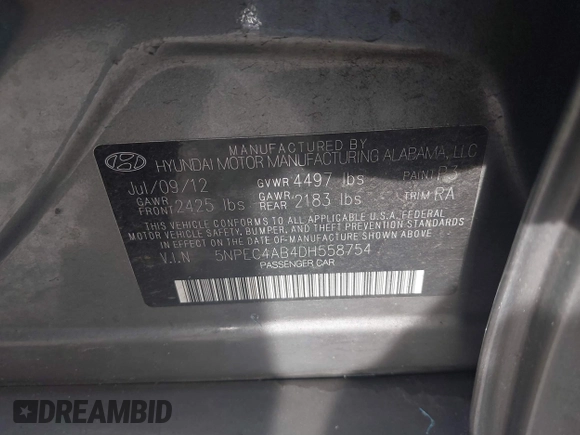 2013 Hyundai Sonata Limited with VIN 5NPEC4AB4DH558754, listed as a IAAI auction lot 39115355 with 113,960 mi miles and . Bid and sale history available at DreamBid. Image 9.