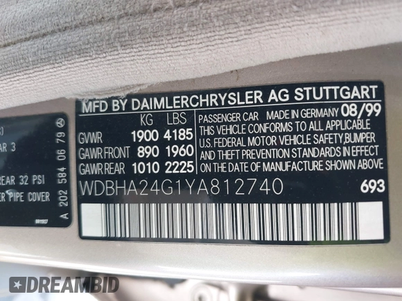 2000 Mercedes-Benz C 230 Kompressor с VIN WDBHA24G1YA812740, выставлен на аукционе IAAI как лот 42655424 с пробегом 227 815 миль миль и . История ставок и продаж доступна на DreamBid. Изображение 9.
