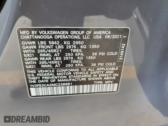 2021 Volkswagen Atlas SEL Premium R-Line with VIN 1V2FE2CA2MC238981, listed as a Copart auction lot 62637875 with 43,064 mi miles and Salvage title. Bid and sale history available at DreamBid. Image 13.
