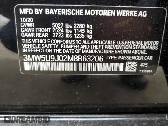 2021 BMW 3 Series M340i xDrive with VIN 3MW5U9J02M8B63206, listed as a Copart auction lot 75713254 with 33,876 mi miles and Salvage Title. Bid and sale history available at carsss.com. Image 12.