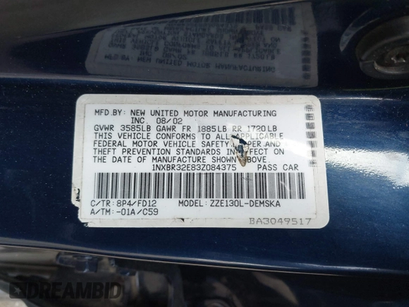 2003 Toyota Corolla CE with VIN 1NXBR32E83Z084375, listed as a IAAI auction lot 41915211 with 299,999 mi miles and . Bid and sale history available at DreamBid. Image 9.