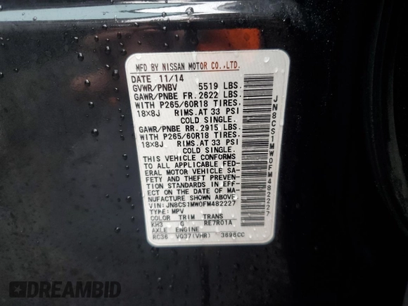 2015 Infiniti QX70 with VIN JN8CS1MW0FM482227, listed as a Copart auction lot 56796535 with 139,531 mi miles and Salvage title. Bid and sale history available at DreamBid. Image 13.