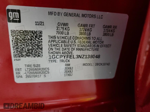 2022 Chevrolet Silverado 1500 LT Trail Boss with VIN 1GCPYFEL3NZ138048, listed as a Copart auction lot 86375194 with 43,949 mi miles and Salvage Title. Bid and sale history available at DreamBid. Image 13.