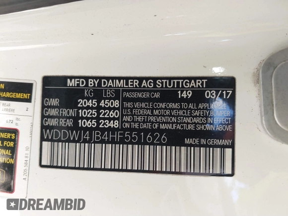2017 Mercedes-Benz C 300 with VIN WDDWJ4JB4HF551626, listed as a IAAI auction lot 41735887 with 104,140 mi miles and . Bid and sale history available at carsss.com. Image 9.