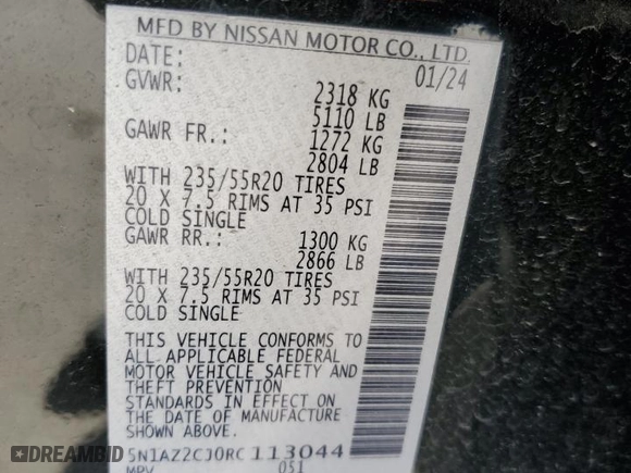 2024 Nissan Murano SL with VIN 5N1AZ2CJ0RC113044, listed as a Copart auction lot 80896484 with 14,502 mi miles and Salvage Title. Bid and sale history available at carsss.com. Image 15.