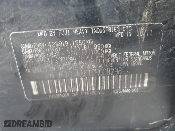 2012 Subaru Impreza 2.0i z VIN JF1GJAA61CH008298, wystawiony jako Copart lot #45556935 z przebiegiem 156 092 mil mil oraz Szkoda całkowita • Salvage title. Historia ofert i sprzedaży dostępna na DreamBid. Obrazek 14.