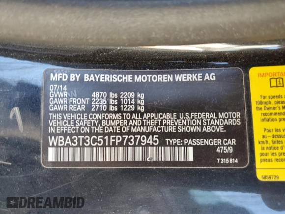2015 BMW 4 Series 435i with VIN WBA3T3C51FP737945, listed as a Copart auction lot 87710615 with 109,500 mi miles and Clean Title. Bid and sale history available at carsss.com. Image 13.
