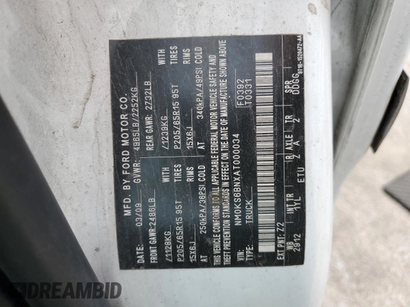 2010 Ford Transit Connect XLT with VIN NM0KS6BNXAT000034, listed as a Copart auction lot 54598985 with 133,444 mi miles and Salvage title. Bid and sale history available at DreamBid. Image 14.