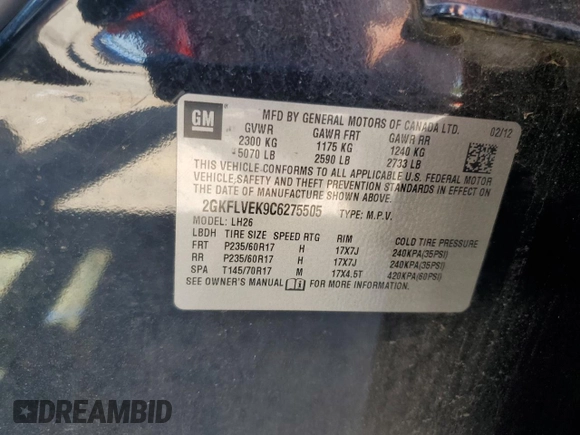 2012 GMC Terrain SLT-1 with VIN 2GKFLVEK9C6275505, listed as a Copart auction lot 61454765 with 148,816 mi miles and Salvage title. Bid and sale history available at DreamBid. Image 14.
