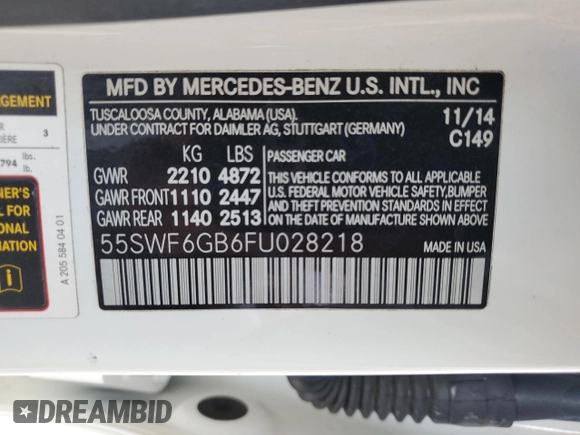 2015 Mercedes-Benz C-Class C 400 with VIN 55SWF6GB6FU028218, listed as a Copart auction lot 47125345 with 100,084 mi miles and Clean Title. Bid and sale history available at carsss.com. Image 12.