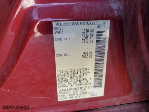 2013 Nissan Altima 2.5 SV with VIN 1N4AL3AP0DN583757, listed as a Copart auction lot 76734244 with 111,959 mi miles and Salvage Title. Bid and sale history available at carsss.com. Image 14.