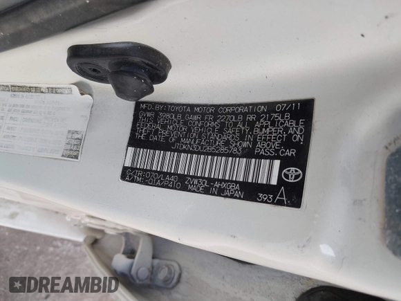 2011 Toyota Prius I with VIN JTDKN3DU2B5285783, listed as a IAAI auction lot 38320380 with Not Provided miles and . Bid and sale history available at DreamBid. Image 9.