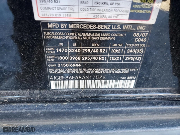 2008 Mercedes-Benz GL-Class 5.5L with VIN 4JGBF86E68A317579, listed as a Copart auction lot 41384815 with 149,318 mi miles and Salvage Title. Bid and sale history available at carsss.com. Image 15.