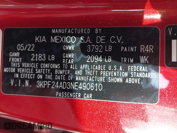 2022 Kia Forte LXS z VIN 3KPF24AD3NE490610, wystawiony jako IAAI lot #41710588 z przebiegiem 47 183 mil mil oraz . Historia ofert i sprzedaży dostępna na DreamBid. Obrazek 9.