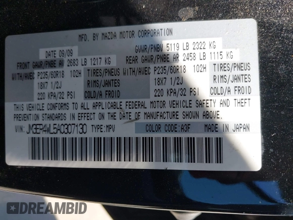 2010 Mazda CX-7 Touring with VIN JM3ER4WL5A0307130, listed as a IAAI auction lot 41659798 with 142,342 mi miles. Bid and sale history available at carsss.com. Image 9.