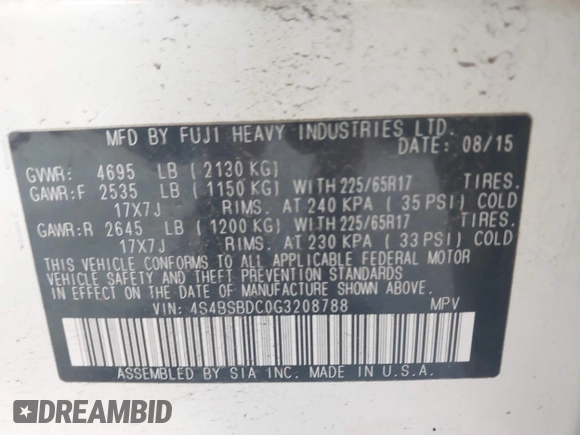 2016 Subaru Outback Premium with VIN 4S4BSBDC0G3208788, listed as a IAAI auction lot 42567550 with 90,599 mi miles and . Bid and sale history available at DreamBid. Image 9.