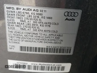 2011 Audi Q7 Premium Plus with VIN WA1LGAFE1BD007630, listed as a Copart auction lot 60173075 with 183,377 mi miles and Clean title. Bid and sale history available at DreamBid. Image 13.