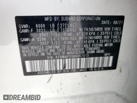 2021 Subaru Ascent Limited with VIN 4S4WMAPD5M3467413, listed as a Copart auction lot 57269175 with 51,565 mi miles and Salvage title. Bid and sale history available at DreamBid. Image 14.