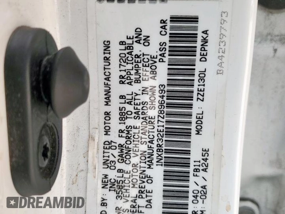 2007 Toyota Corolla CE with VIN 1NXBR32E17Z896493, listed as a Copart auction lot 57442295 with 110,375 mi miles and Salvage title. Bid and sale history available at DreamBid. Image 12.