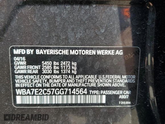 2016 BMW 7 Series 740i z VIN WBA7E2C57GG714564, wystawiony jako Copart lot #56186285 z przebiegiem 111 598 mil mil oraz Szkoda całkowita • Salvage title. Historia ofert i sprzedaży dostępna na DreamBid. Obrazek 12.