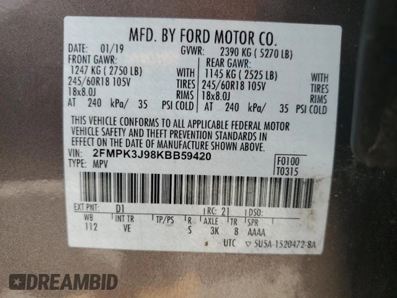 2019 Ford Edge SEL z VIN 2FMPK3J98KBB59420, wystawiony jako Copart lot #55733465 z przebiegiem 55 132 mil mil oraz Szkoda całkowita • Salvage title. Historia ofert i sprzedaży dostępna na DreamBid. Obrazek 12.