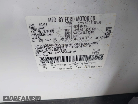 2013 Ford Explorer XLT с VIN 1FM5K7D80DGA22176, выставлен на аукционе IAAI как лот 42604472 с пробегом 230 962 миль миль и . История ставок и продаж доступна на DreamBid. Изображение 9.