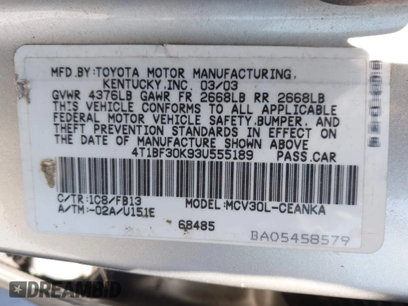 2003 Toyota Camry LE z VIN 4T1BF30K93U555189, wystawiony jako IAAI lot #42086826 z przebiegiem 120 840 mil mil oraz . Historia ofert i sprzedaży dostępna na DreamBid. Obrazek 9.