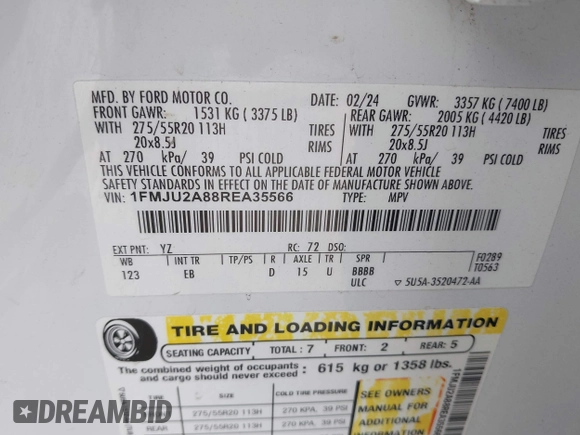 2024 Ford Expedition Limited с VIN 1FMJU2A88REA35566, выставлен на аукционе IAAI как лот 42478954 с пробегом 31 932 миль миль и . История ставок и продаж доступна на DreamBid. Изображение 9.