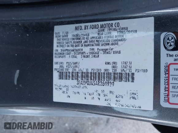 2010 Ford Fusion SEL with VIN 3FAHP0JA5AR260939, listed as a IAAI auction lot 41417420 with 178,295 mi miles. Bid and sale history available at carsss.com. Image 9.