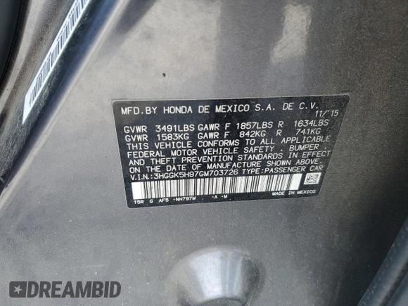 2016 Honda Fit EX-L with VIN 3HGGK5H97GM703726, listed as a Copart auction lot 51288335 with 68,836 mi miles and Salvage title. Bid and sale history available at DreamBid. Image 12.