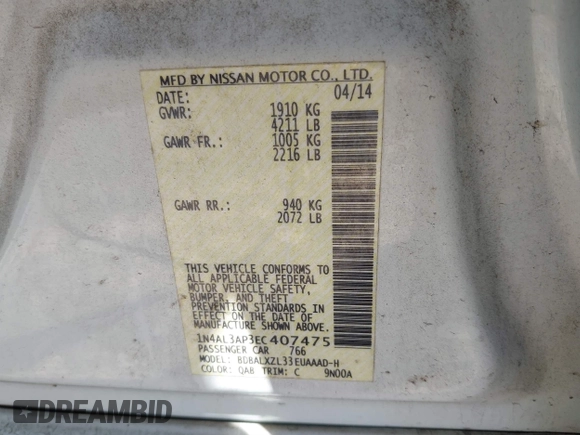 2014 Nissan Altima 2.5 with VIN 1N4AL3AP3EC407475, listed as a IAAI auction lot 40069964 with 216,578 mi miles. Bid and sale history available at carsss.com. Image 9.