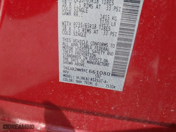 2015 Nissan Pathfinder Platinum with VIN 5N1AR2MM9FC661080, listed as a IAAI auction lot 41835390 with 122,999 mi miles. Bid and sale history available at carsss.com. Image 9.