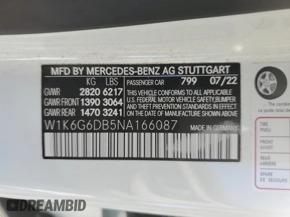 2022 Mercedes-Benz S-Class S 500 with VIN W1K6G6DB5NA166087, listed as a Copart auction lot 47003915 with 7,000 mi miles and Salvage Title. Bid and sale history available at carsss.com. Image 12.