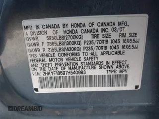 2007 Honda Pilot EX-L with VIN 2HKYF18697H540993, listed as a IAAI auction lot 41243560 with 320,290 mi miles and . Bid and sale history available at DreamBid. Image 9.