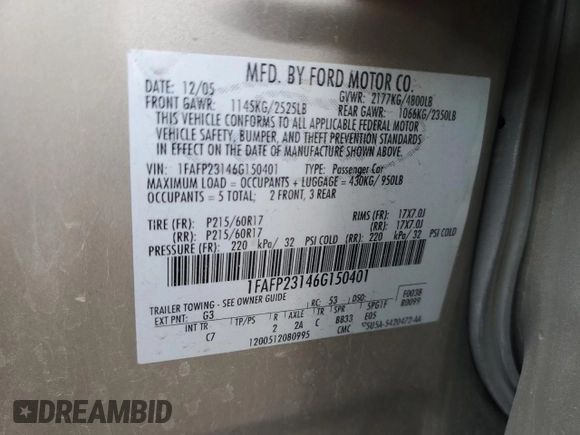 2006 Ford Five Hundred SE с VIN 1FAFP23146G150401, выставлен на аукционе Copart как лот 57000605 с пробегом 218 689 миль миль и Списание • Salvage title. История ставок и продаж доступна на DreamBid. Изображение 12.
