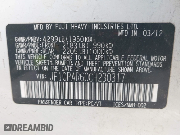 2012 Subaru Impreza Special Sports Limited with VIN JF1GPAR60CH230317, listed as a IAAI auction lot 41595638 with 145,149 mi miles and . Bid and sale history available at DreamBid. Image 9.