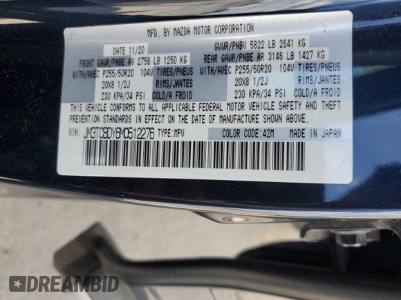 2021 Mazda CX-9 Grand Touring with VIN JM3TCBDY6M0512276, listed as a Copart auction lot 54582375 with 26,727 mi miles and Salvage title. Bid and sale history available at DreamBid. Image 14.