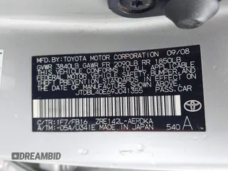 2009 Toyota Corolla with VIN JTDBL40E69J041355, listed as a IAAI auction lot 41737812 with 66,953 mi miles. Bid and sale history available at carsss.com. Image 9.