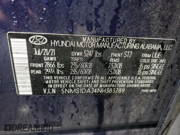 2022 Hyundai Santa Fe SE with VIN 5NMS1DAJ4NH383789, listed as a Copart auction lot 79703944 with 30,717 mi miles and Salvage Title. Bid and sale history available at DreamBid. Image 13.