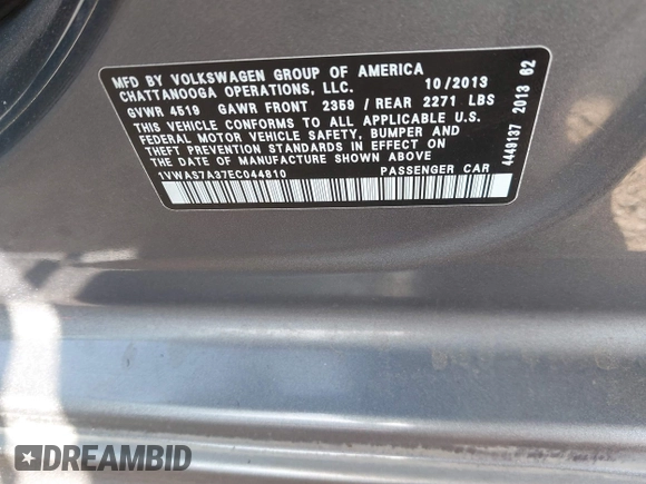 2014 Volkswagen Passat Wolfsburg Edition with VIN 1VWAS7A37EC044810, listed as a IAAI auction lot 42548651 with 166,672 mi miles and . Bid and sale history available at DreamBid. Image 9.