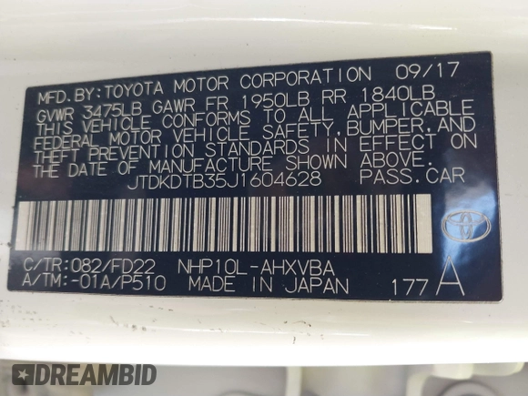 2018 Toyota Prius One with VIN JTDKDTB35J1604628, listed as a IAAI auction lot 41398306 with 315,738 mi miles and . Bid and sale history available at DreamBid. Image 8.