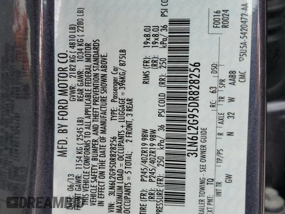 2013 Lincoln MKZ с VIN 3LN6L2G95DR828256, выставлен на аукционе Copart как лот 55645125 с пробегом 44 519 миль миль и Списание • Salvage title. История ставок и продаж доступна на DreamBid. Изображение 12.