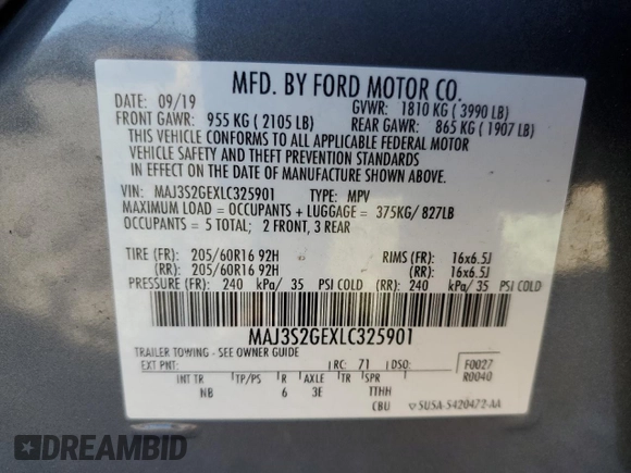2020 Ford EcoSport SE with VIN MAJ3S2GEXLC325901, listed as a Copart auction lot 50194775 with 76,273 mi miles and Salvage Title. Bid and sale history available at carsss.com. Image 16.