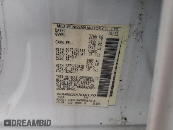 2012 Nissan Titan SV with VIN 1N6BA0EC2CN304170, listed as a Copart auction lot 43435975 with 96,598 mi miles and Salvage Title. Bid and sale history available at carsss.com. Image 12.