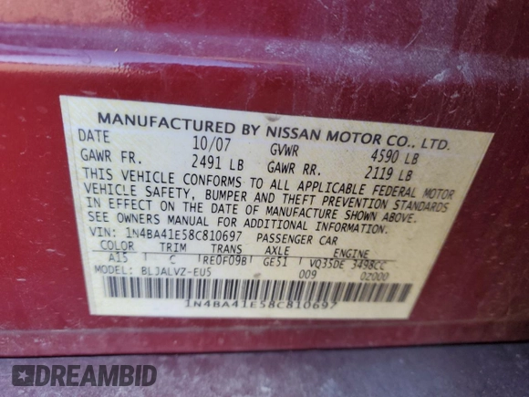 2008 Nissan Maxima 3.5 SE with VIN 1N4BA41E58C810697, listed as a Copart auction lot 45346555 with 0 mi miles and Non Repairable. Bid and sale history available at carsss.com. Image 13.