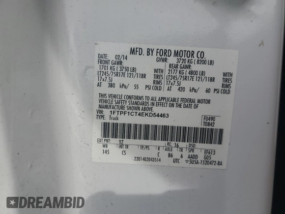 2014 Ford F-150 with VIN 1FTPF1CT4EKD54463, listed as a Copart auction lot 53121375 with 129,116 mi miles and Salvage title. Bid and sale history available at DreamBid. Image 13.