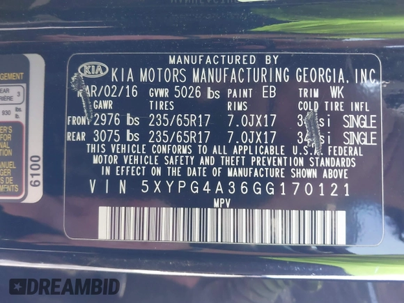 2016 Kia Sorento LX with VIN 5XYPG4A36GG170121, listed as a IAAI auction lot 41941691 with 240,609 mi miles and . Bid and sale history available at carsss.com. Image 9.