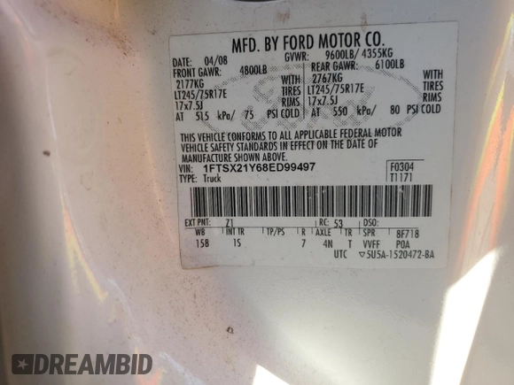 2008 Ford Super Duty F-250 SRW XL with VIN 1FTSX21Y68ED99497, listed as a Copart auction lot 46416795 with 0 mi miles and Salvage Title. Bid and sale history available at carsss.com. Image 13.